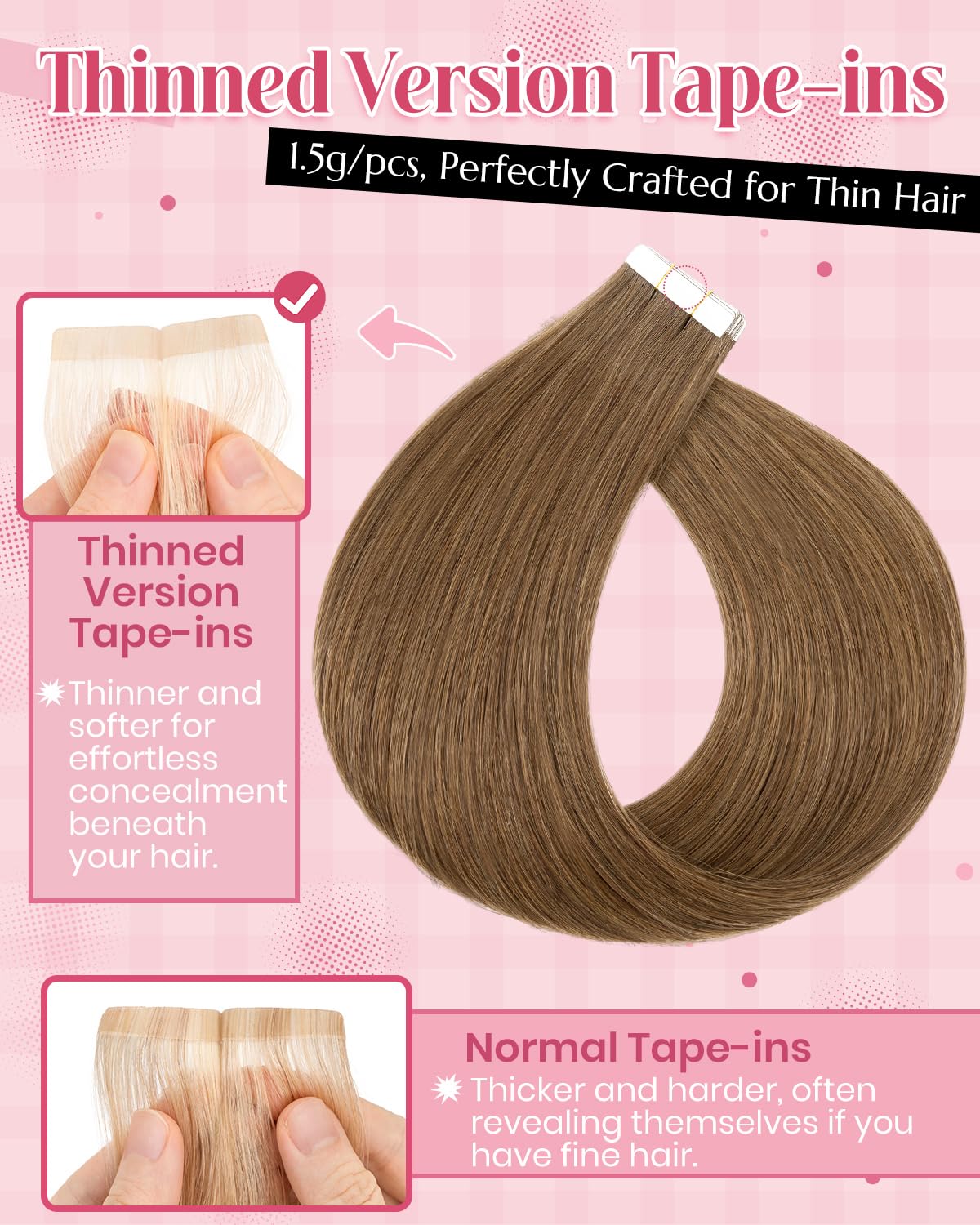 SLEEKALON Invisible Tape in Hair Extensions Real Human Hair 20 Pcs Thinned Version #4 Medium Brown - Image 3