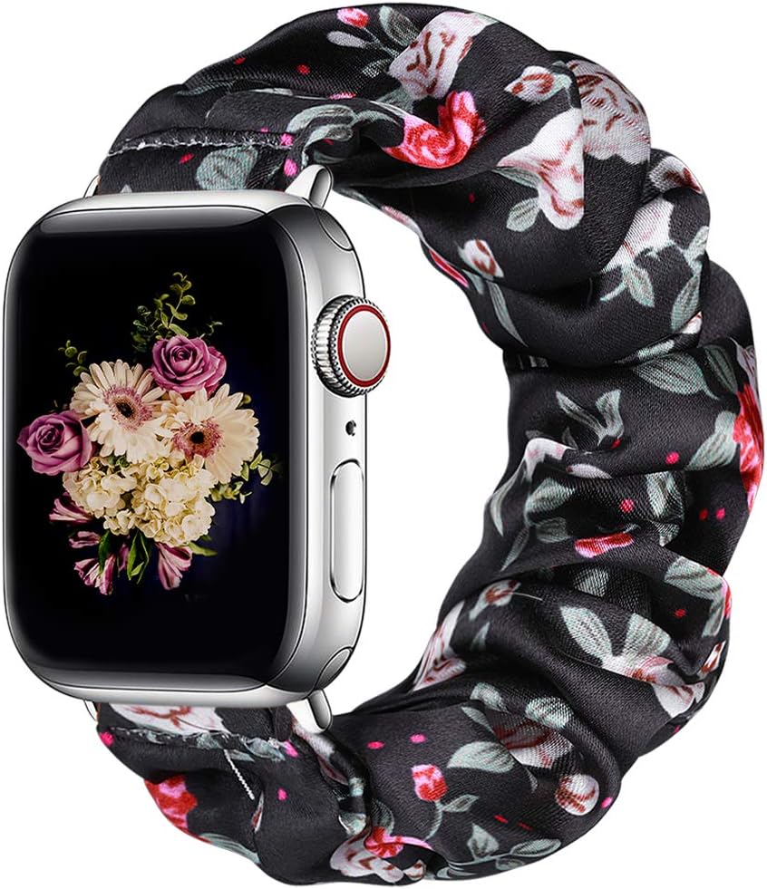Easuny Scrunchie Bands Compatible for Apple Watch SE Series 6 44mm Women - Soft Cloth Scrunchy Elastic Bracelet Wristband Strap Replacement for iWatch 42mm for Girl Series 3 2 1，Black/Red Flower Small