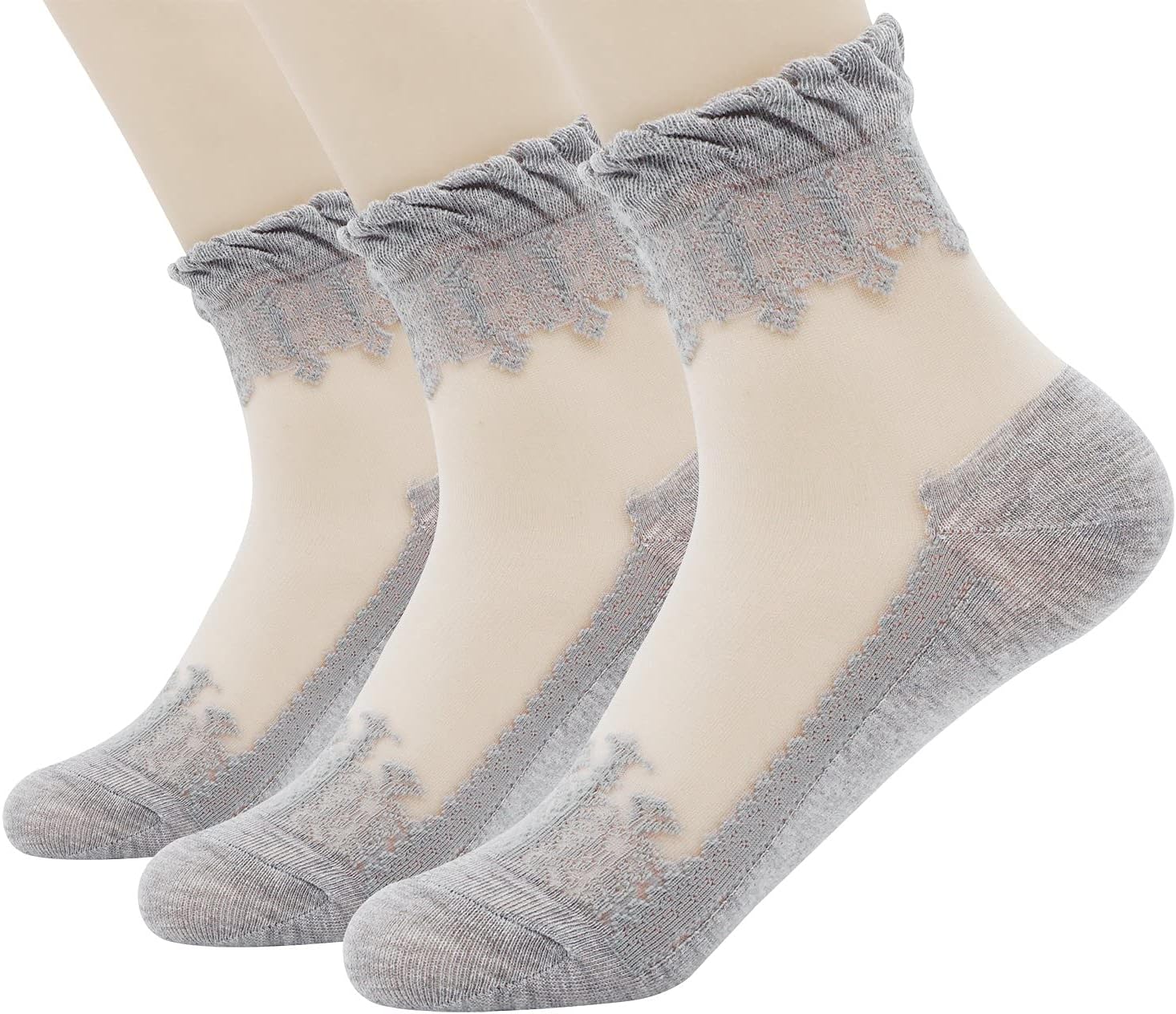 Lovful 3 Pairs Women's Ultrathin Transparent Lace Elastic Short Socks image 5