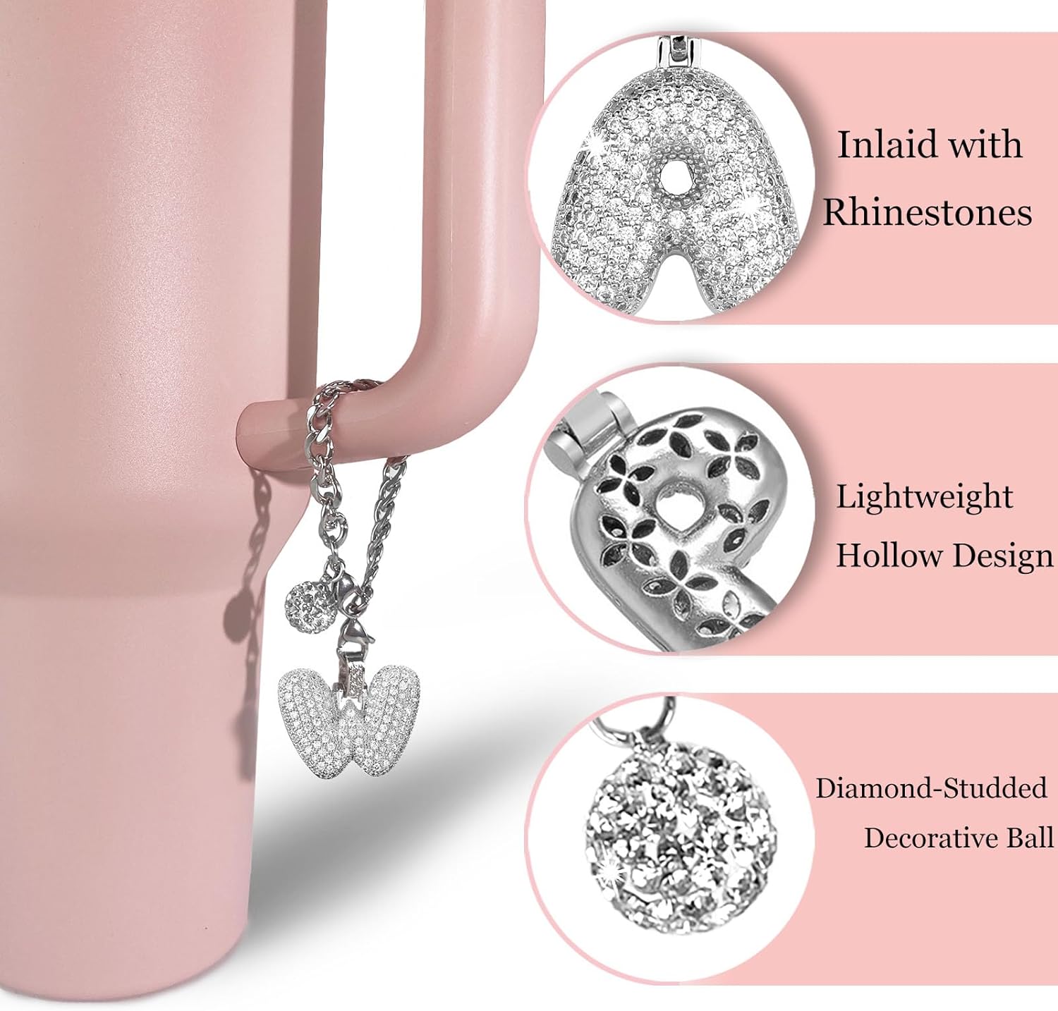 Silver Initial Charm for Stanley Cup- Bubble Letter Charms Accessories for Stanley handle 40 Oz Tumblers Cute Keychain with Diamond Glitter Jewelry Personalized Water Bottle Decorations W - Image 2