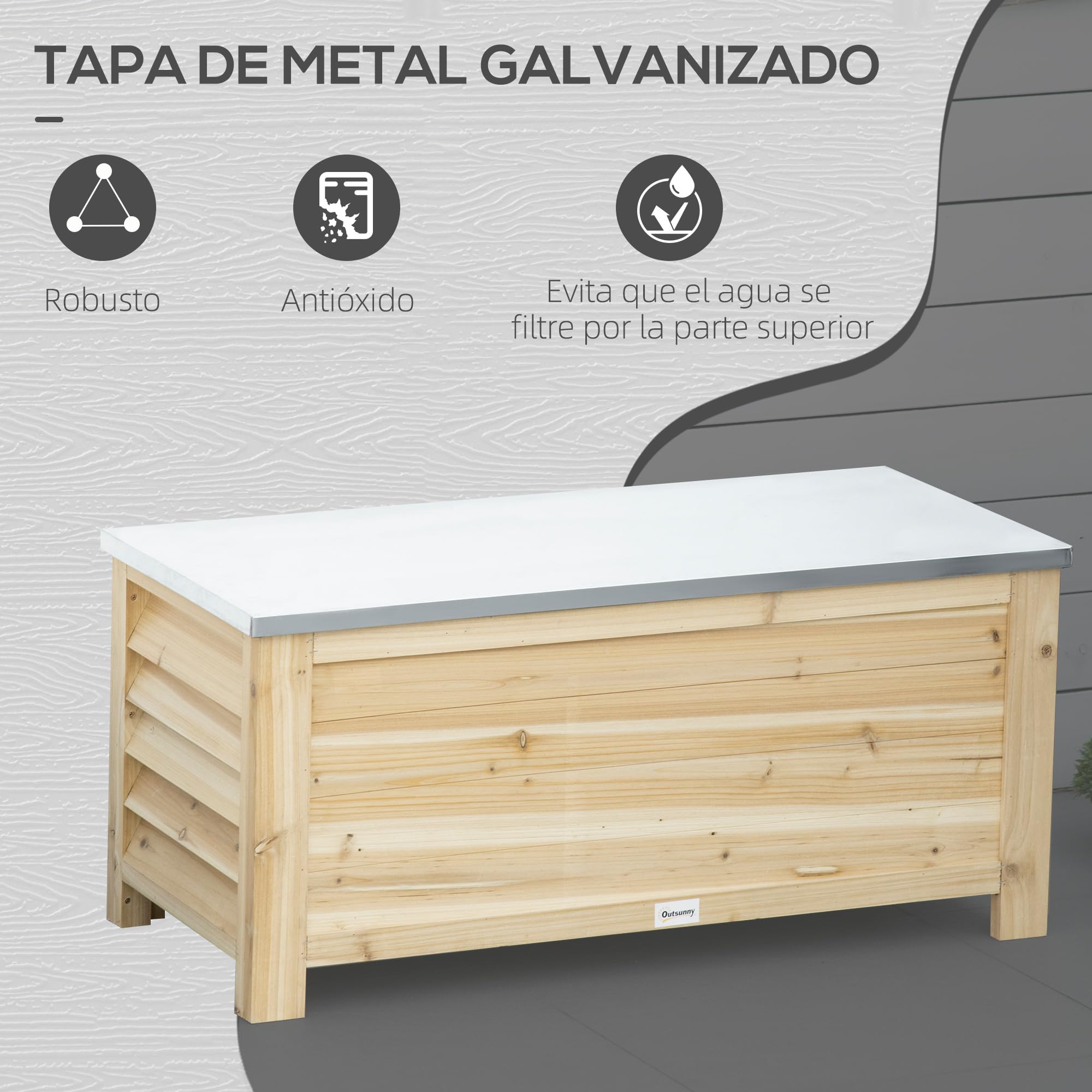Outsunny Arcón de Jardín Exterior Carga 155L Baúl de Almacenaje Exterior de Madera con Tapa de Metal Galvanizado y Diseño con Listones para Jardín Terraza Balcón 110x50x50 cm Natural