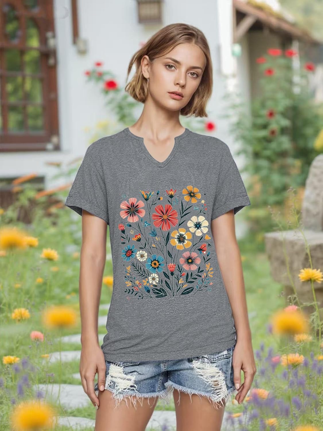 Women's T-Shirts Vintage Flowers V Neck Boho Floral Wildflowers Graphic Tee Casual Cottagecore Short Sleeve T Shirt - Image 3