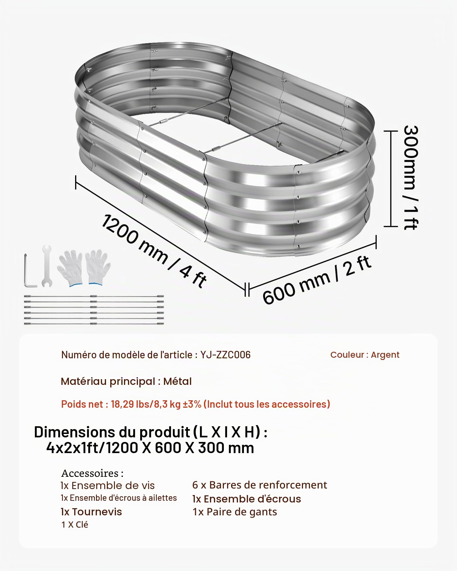 VEVOR Potager Surélevé Métal 120x60x30 cm Carré Potager Surélevé Lot de 2 Lit de Jardin Ovale pour Extérieur Culture Fruits Légumes Fleurs, Fond Ouvert, Galvanisé Aluminium-Zinc, avec Gants, Argenté