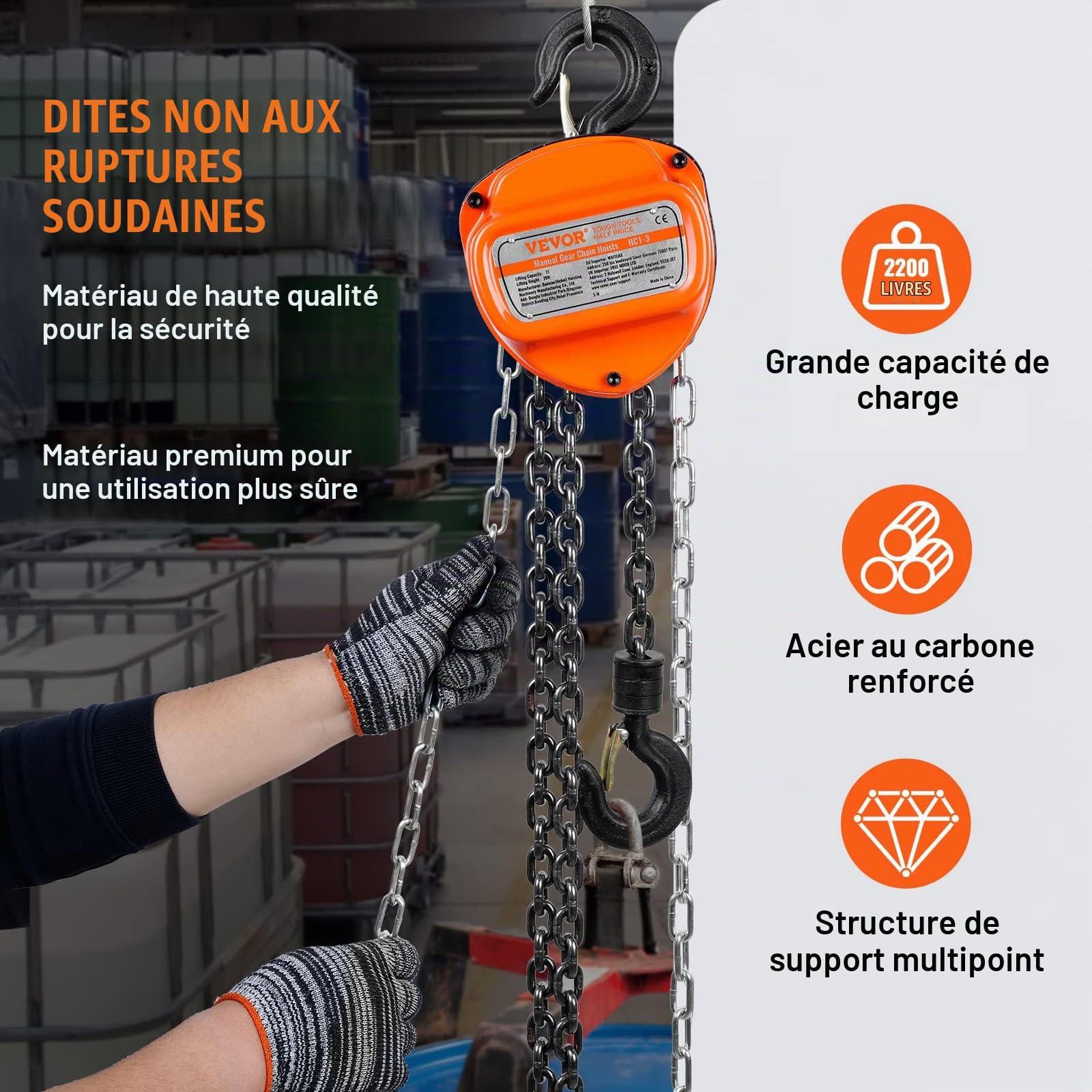 VEVOR Palan à Chaîne Manuel 1 T Palan à Chaîne avec Crochet 360° à Bloc Hauteur de Levage 5,6 m Acier Allié G80 Frein Double Cliquet Guidage de Chaîne pour Marchandises Garages Quais Usines Chantiers