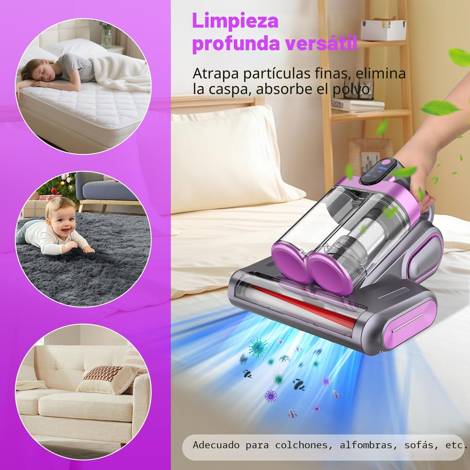 Aspirador Antiacaros,13 kPa de Fuerte Succión, Luz UV-C de 253.7 nm, Rotación del Cepillo de 30000 Rpm/Min, Filtro HEPA y Colector de 520ml Polvo Doble, Para Polvo de Cama, Sofá y Pelo de Mascotas