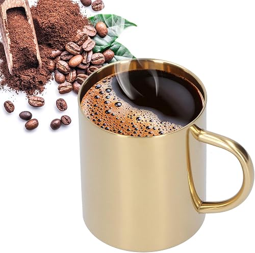Stainless Steel Coffee Mug, 14oz/400ml Double Walled Drinking Cup Heat Insulated Milk Tea Cup with Handle for Hot or Cold Beverages Gold