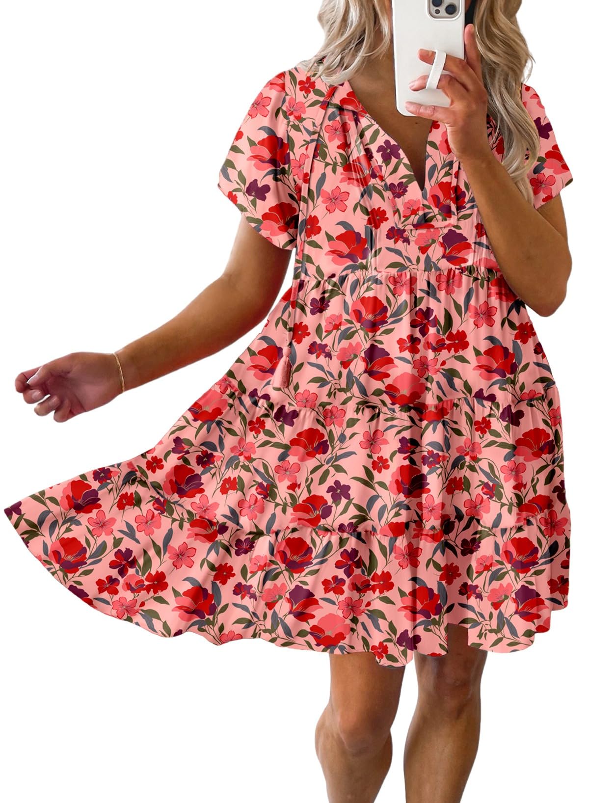 Womens Summer Casual Boho Floral Dresses 2026 V Neck Short Sleeve Sundresses Flowy Swing A-Line Mini Dress