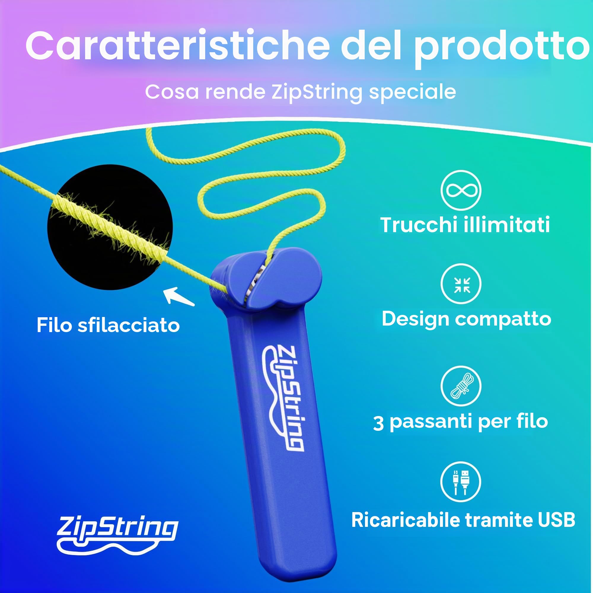 ZipString - Lanciatore di corda - Giocattolo da esterno virale, giocattolo Fidget - per bambini e adulti - Giocattoli fantastici - Corda - Bodacious Blue Zip String Toy