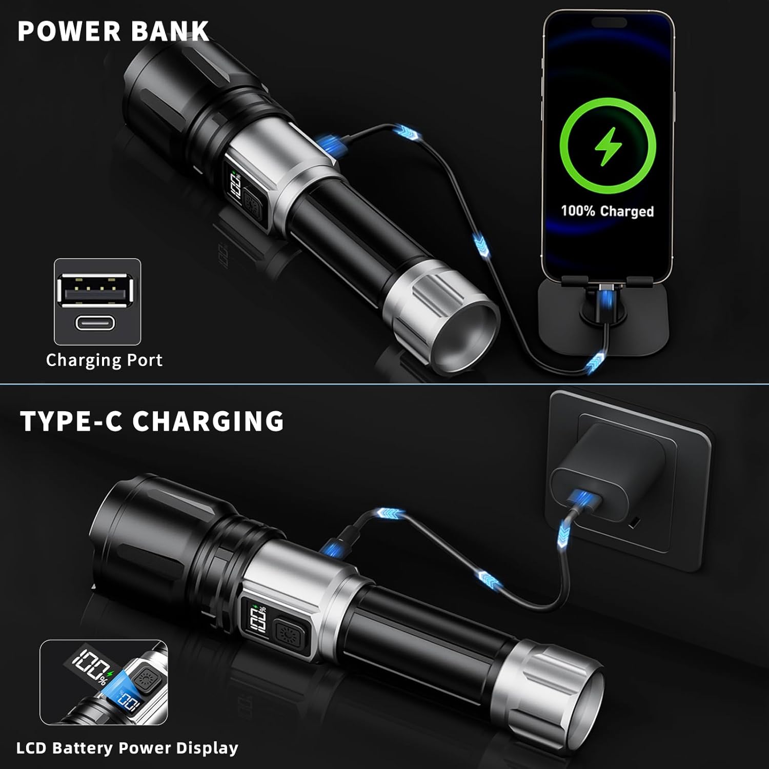 Flashlight Rechargeable 990000 High Lumens, Super Bright LED Flash Light with LCD Digital Display, Tactical Flashlights with IPX7 Waterproof, 6 Modes Brightest Flashlight for Camping, Emergency - Image 5