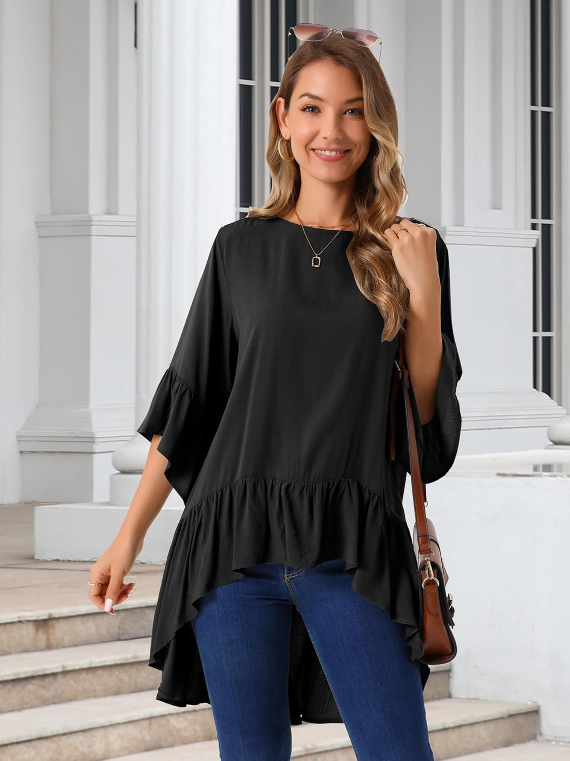 Seta T Women's High Low Tops Bell 3/4 Sleeve Crewneck Casual Ruffle Asymmetrical Hem Loose Fit Blouse - Image 4