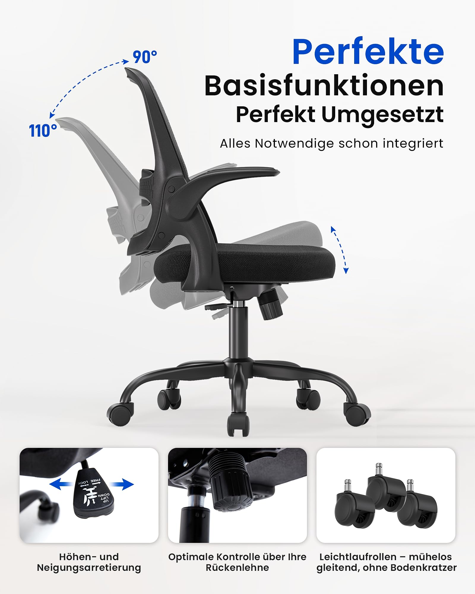 LukkDys Bürostuhl Ergonomisch, Schreibtischstuhl mit klappbaren Armlehnen, Mesh Computerstuhl höhenverstellbar, Drehstuhl für Home Office, Kinder & Studenten, Büro Sessel Schwarz