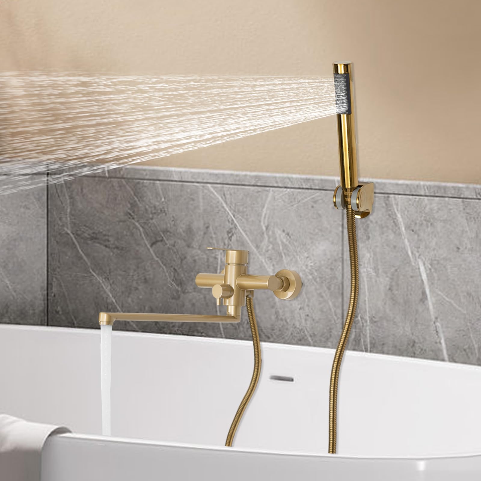 Grifo de bañera giratorio 360°, montaje en pared, de acero inoxidable, color dorado, monomando para bañera, montaje en superficie con ducha de mano y soporte de pared, grifo de ducha, grifo de bañera