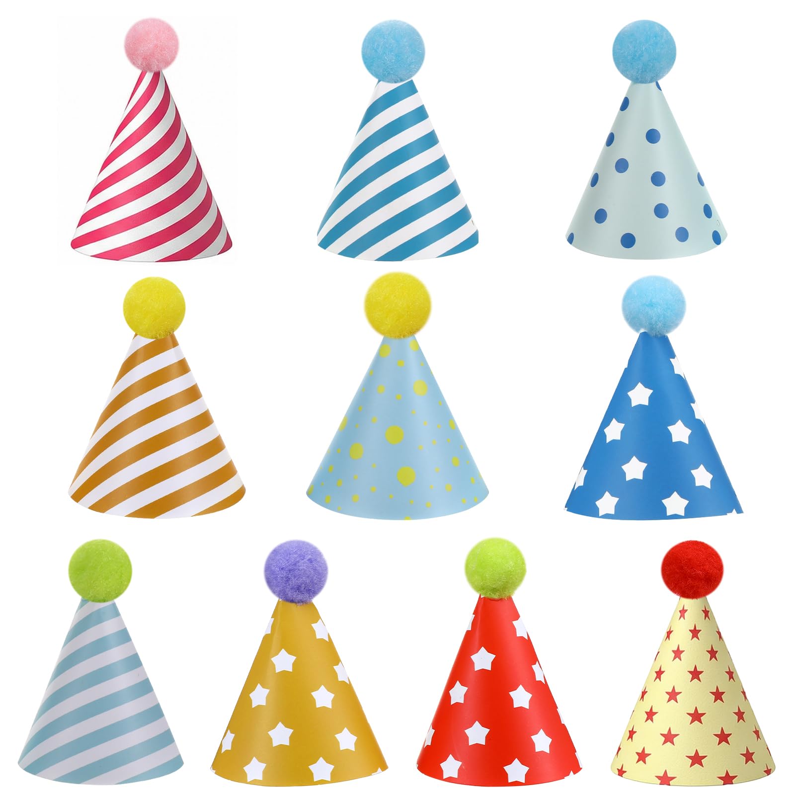 10Pcs Birthday Party Hats with Poms, Colorful Mini Party Hats Cone Hat