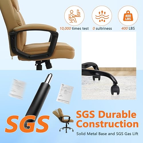 Miniatura 7 de CLATINA Silla de oficina marrón, sillas de computadora de cuero PU, sillas de oficina ejecutivas, silla giratoria de altura ajustable con tapicería