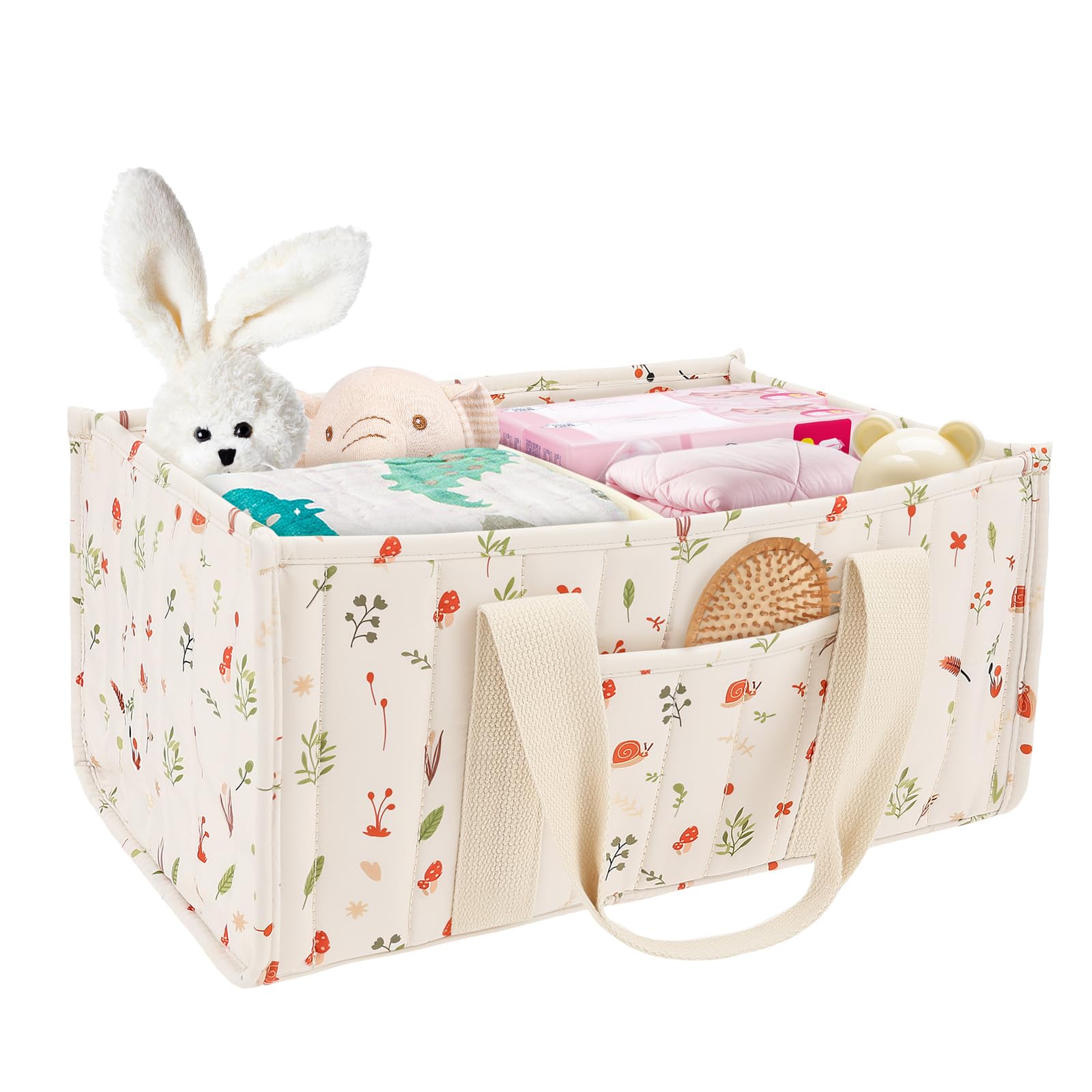 CBWERBB Baby Nappy Caddy Organiser,Portable Nursery Diaper Caddy Storage Basket with Handle,Newborn Essentials Baby Shower Gifts,Washable Stylish Nursery Storage Basket for Girls Boys(Woodland Cream)