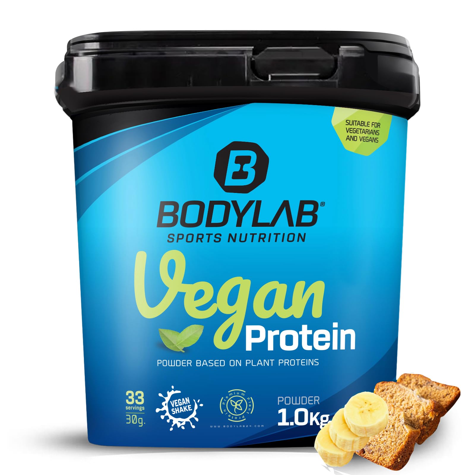 Bodylab24 Vegan Protein Pain aux Bananes 1000g, poudre de protéines 100% végétalienne à base de féveroles, de pois et de graines de courge, avec 80g de protéines pour 100g de poudre