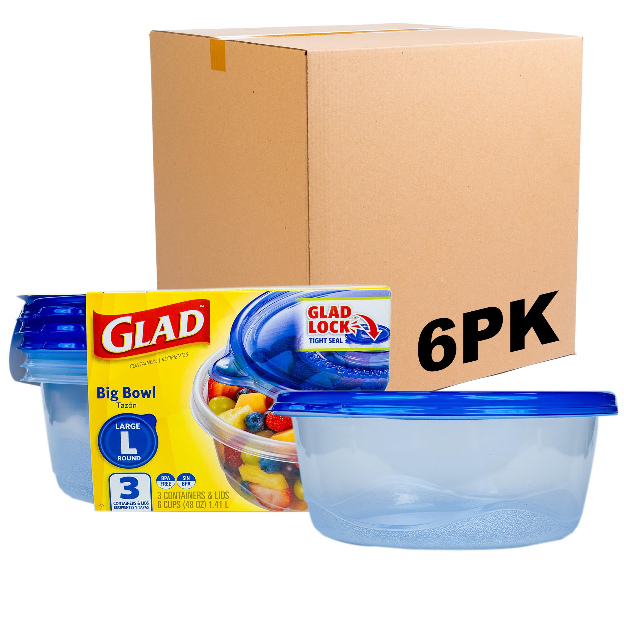 Glad GladWare Big Bowl Food Storage Containers with Lids, Large Round BPA Free Plastic Containers for Soups, Salads, and Meal Prep, Lock Tight Seal,