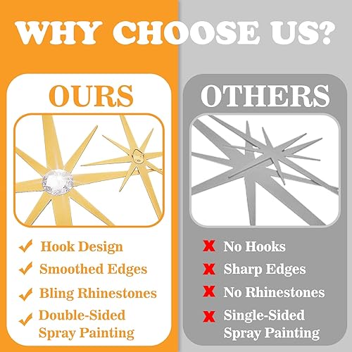 Miniatura 5 de 4 piezas de escultura de pared de arte de estrella de metal, decoración de pared de explosión de estrella de 8 puntas, diamantes brillantes de