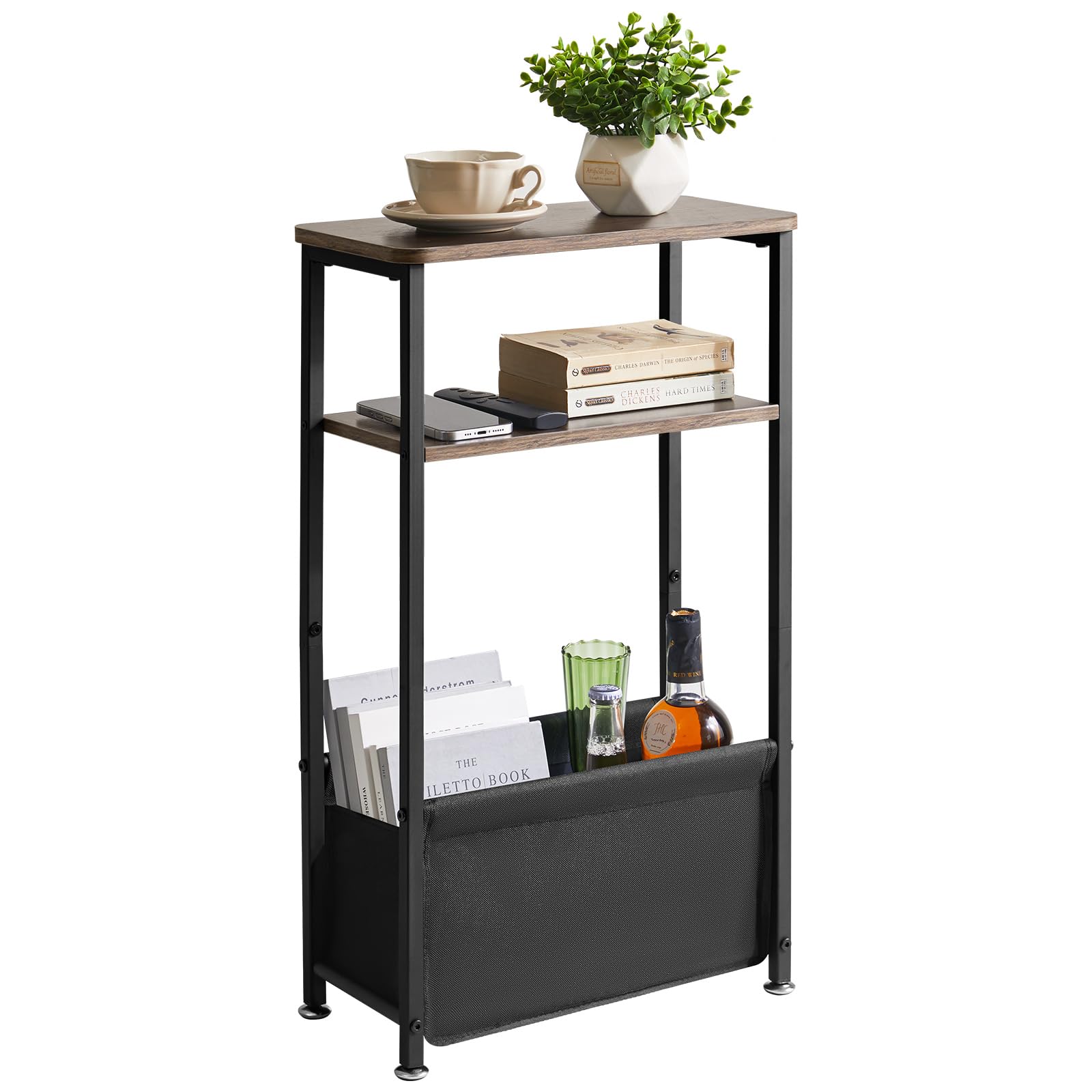 Aibiju Narrow Side Table, 3-Tier Slim End Table with Storage Fabric Basket,40x20x66cm Thin Nightstand Bedside Table for Living Room Bedroom Office, Dark Grey YD-ST002G