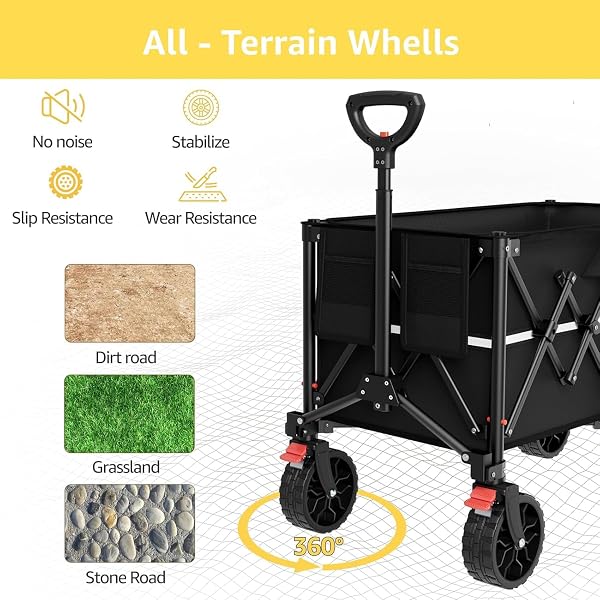 ROSONG Chariot de Plage Pliable-Chariot de Jardin 4 Roues Tout Terrain avec Freins Charrette Transport Grande Capacité 150KG pour Camping Courses Plage et Extérieur - 4