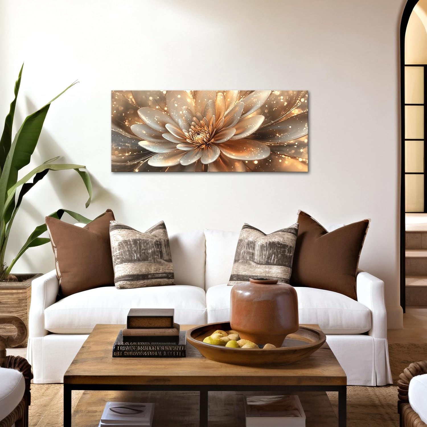 iKNOW FOTO Modern Abstract Shiny Flower Wall Art Brown and Gold Floral Botanical Canvas Print for Living Room, Bedroom, Home Office Decor, Contemporary Wall Art Ready to Hang 20x48 Inches - Image 4