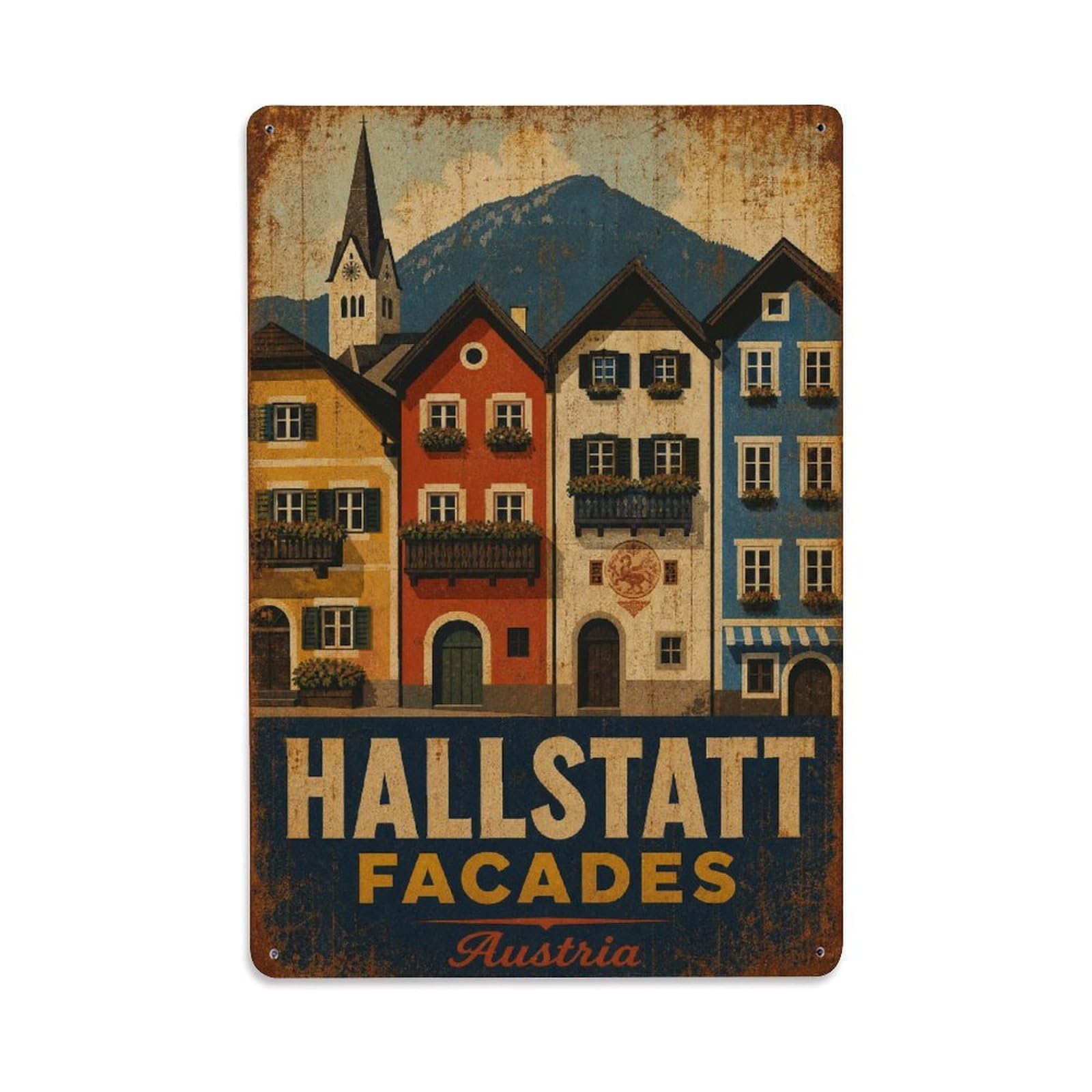 Gead 8X12inch Style Vintage Travel Hallstatt Austria Facades Metal Tin Sign