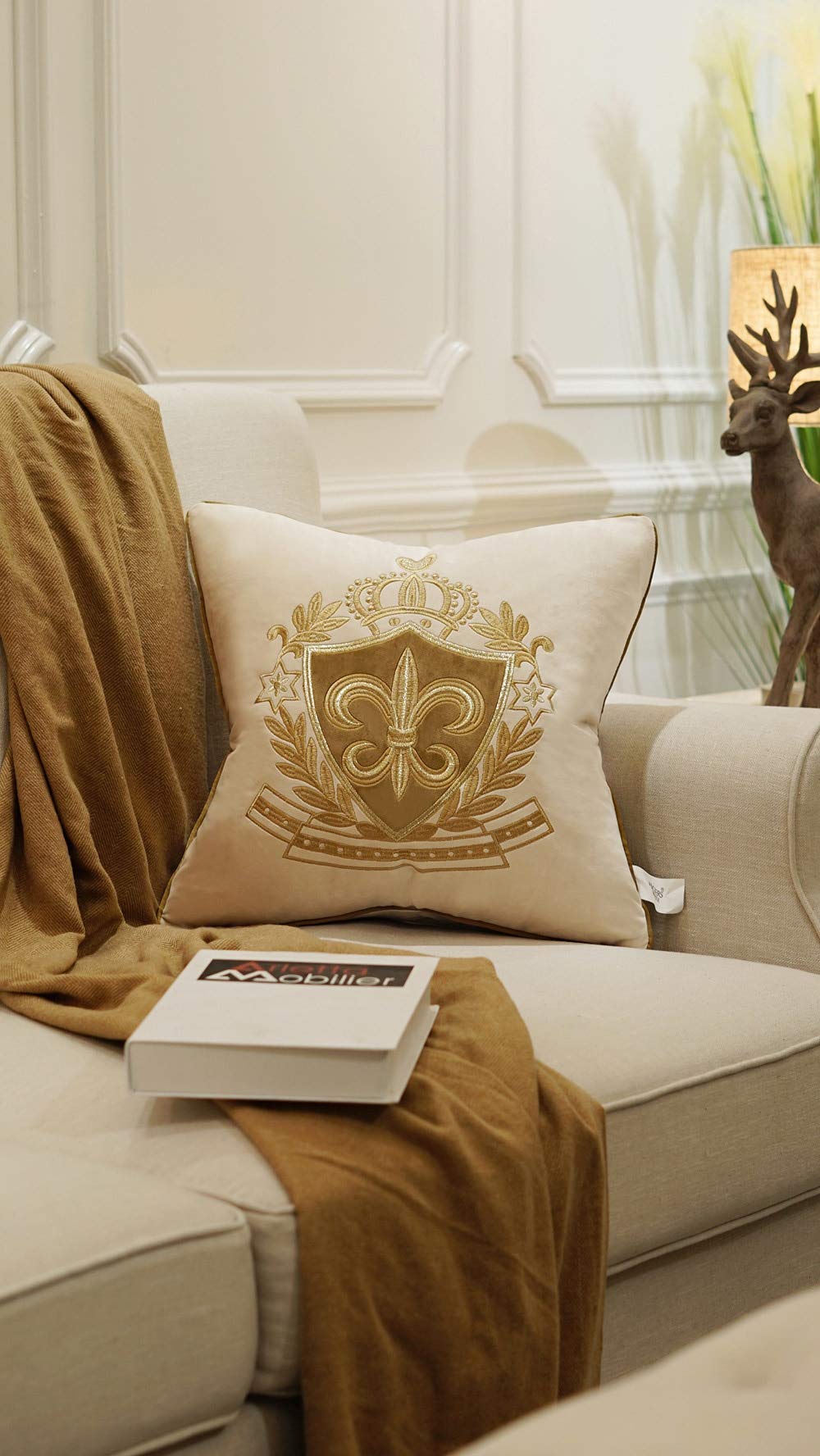 CUSCINO COVER LUXURY ROYAL STEMMA REALE CORONA Velluto Beige Oro Giglio Sofà Arredo Casa Divano Lusso Yatch Poltrona Salotto