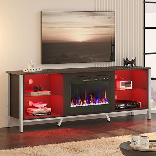 Miniatura 8 de Bestier Soporte de TV de 70 pulgadas con chimenea para TV de 75 pulgadas, moderno centro de entretenimiento con chimenea LED para juegos para PS5
