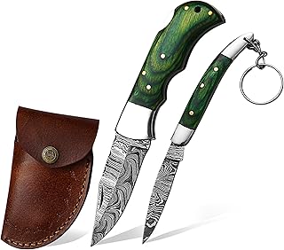 2 Pcs Set Damascus Pocket Knife 6.5 Inches Folding Knife with Sheath for Outdoor, Camping, Hiking - Akari Craft