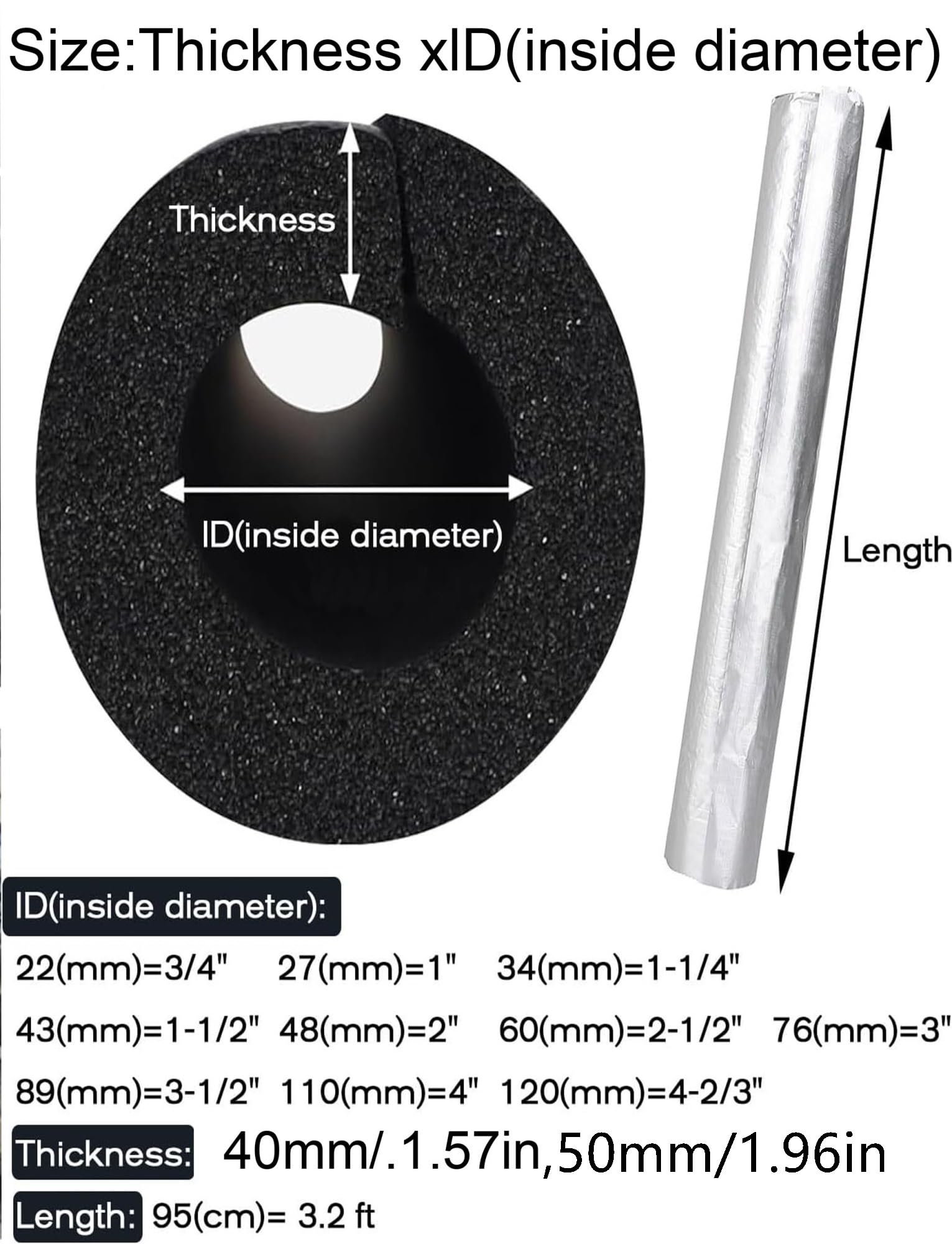 Aislante de espuma for tuberías, tubo de aluminio, envoltura autoadhesiva, grosor 4/5 cm, for tuberías de agua exteriores en invierno, anticongelante, grifo, aspersor, calentador.(5cm,Id-11cm)