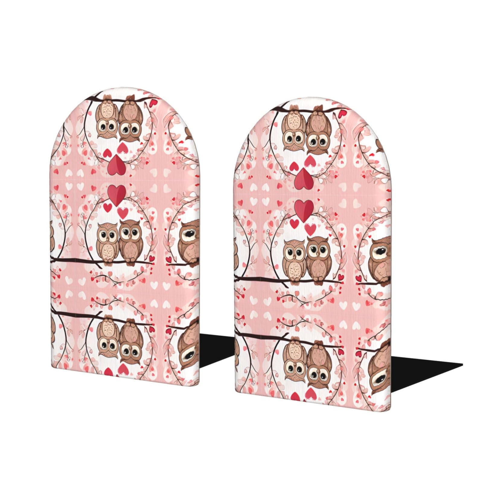 Cute Owls Stylish Bookends with Full-Print Design Durable Wooden and Metal Bookend Set for Home, Office