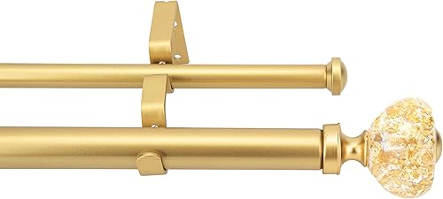 eTeckram Barra de cortina doble de 1 pulgada con remates grandes, dorado, 48-84 pulgadas
