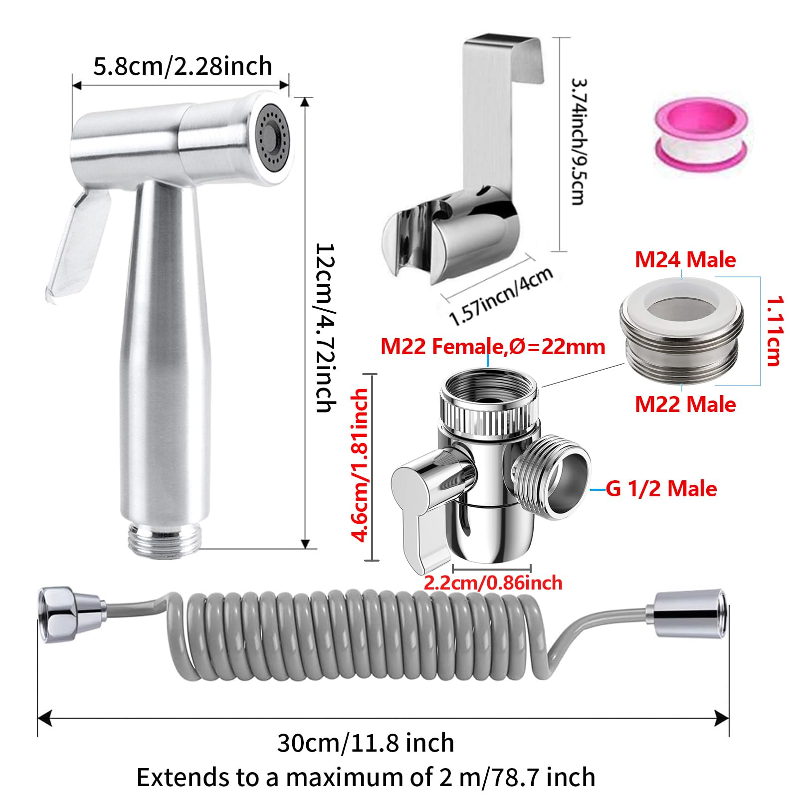 Bidet zestaw prysznicowy z dozownikiem kranu, hakiem na wąż sprężynowy, higiena łazienki i czyszczenie pieluch, kolor srebrny