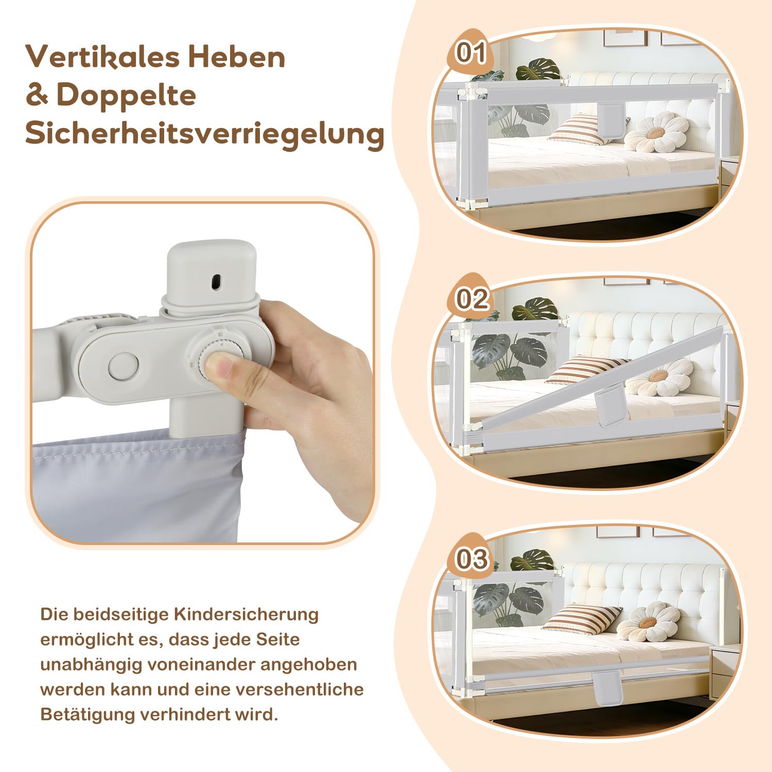 Barrera de cama de 180 x 80 cm – Altura ajustable con cierre de seguridad, barandilla resistente para cuna y cama de padres, un lado, gris