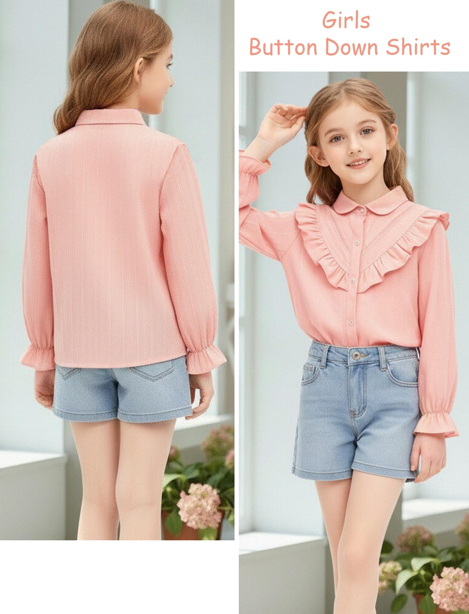 Happy Cherry - Camicetta da bambina a maniche lunghe, con bottoni, in cotone, casual, con volant, decorazione graziosa, a balze, a maniche lunghe, per primavera, estate, autunno, 4-13 anni