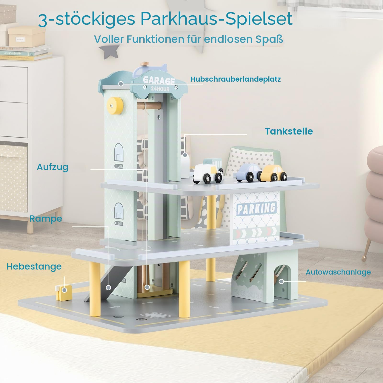 HOMASIS Garagenset mit 3 Etagen, Parkplatz aus Holz mit 4 Autos, Hubschrauberlandeplatz, Tankstelle, Aufzug, Autowäsche, Spielzeuggarage für Kinder ab 3 Jahren, 50 x 40 x 47 cm, Grau
