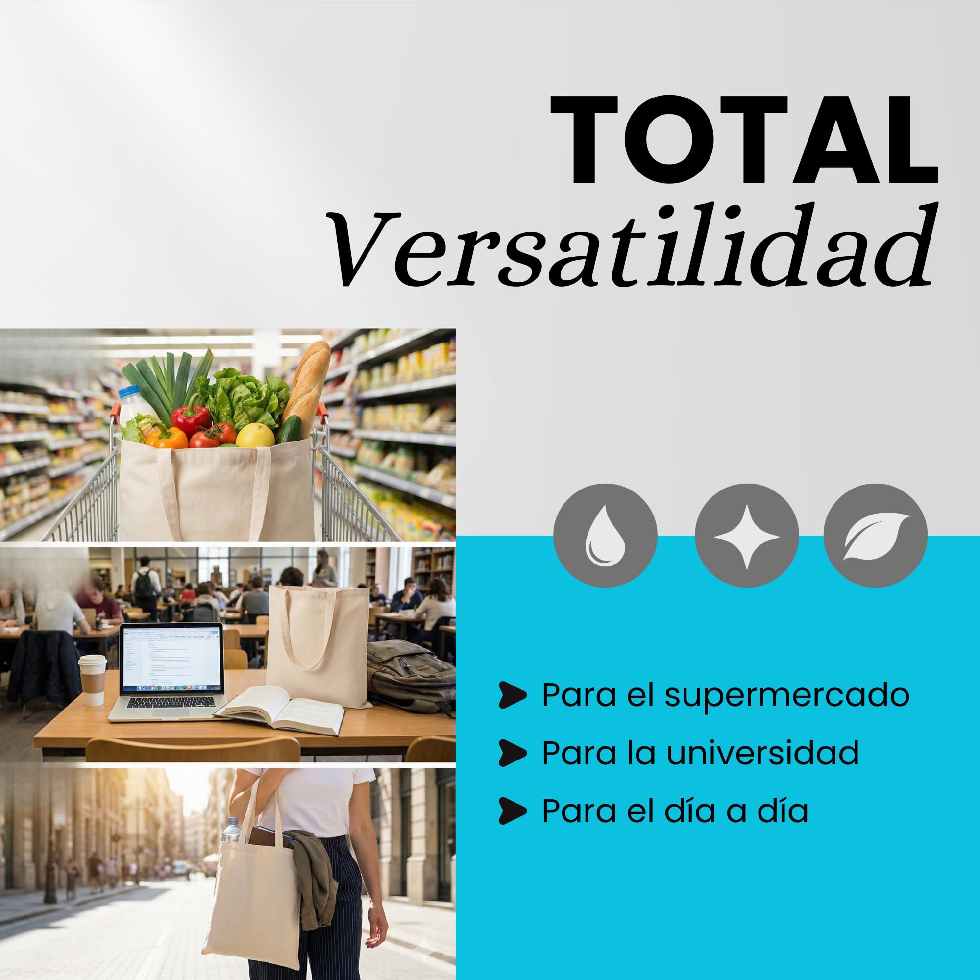 ORATIC Pack Tote Bag 100% Algodón Natural Reutilizables de 42x38cm y 140 g/m² – Bolsas de Tela Resistentes para Uso Diario con Asas Largas de 70cm y Tamaño Práctico — view 6