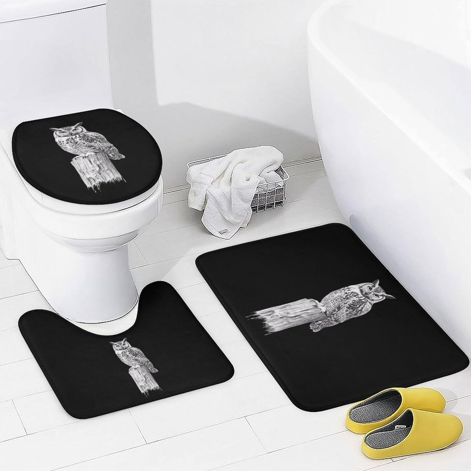 Hand-Drawn Owl Modern Bathroom Sets with Shower Curtain and Rugs Decor 4 Pcs with 12 Hooks