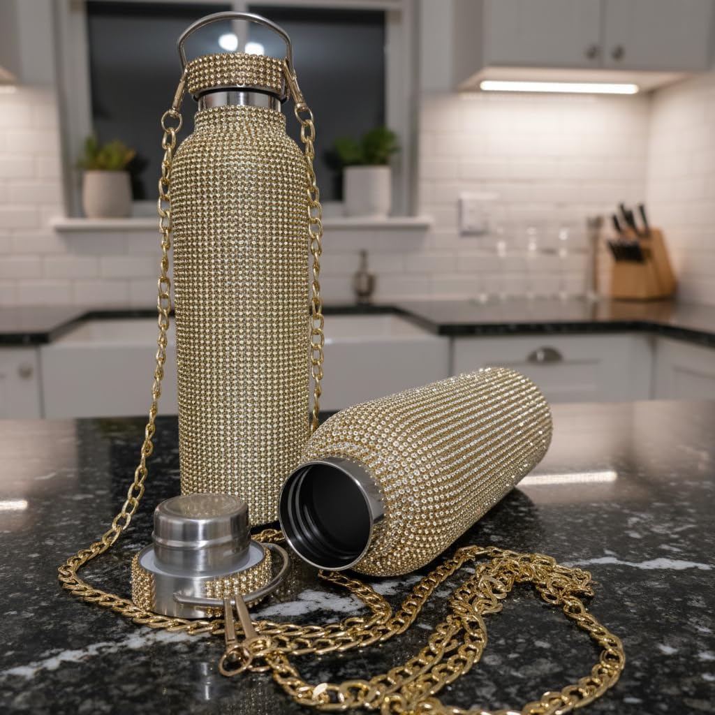 Gold Bling Water Bottle Bedazzled with 5000 Rhinestones & Crossbody Gold Chain, 25oz Stainless Steel Vacuum Insulated Tumbler, Leak Proof, Keeps Drinks Cold 24h and Hot 6h - Image 7