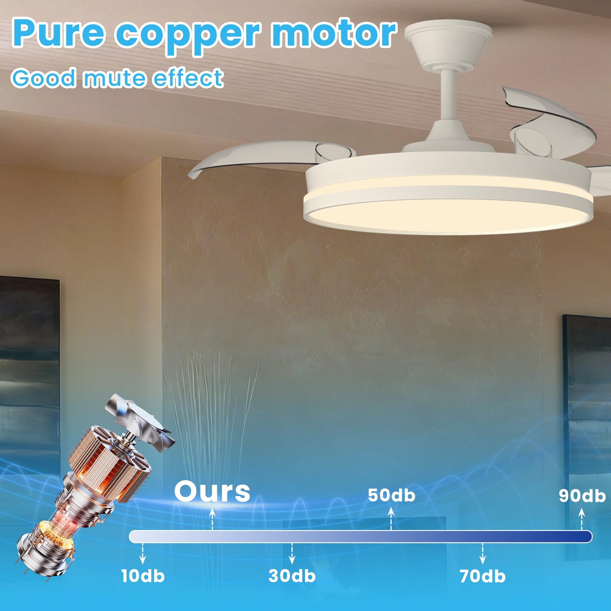 Ventilatore da Soffitto con Illuminazione 106 cm, Ventilatore da Soffitto Luce a LED e Telecomando 6 Velocità, Illuminazione LED Dimmerabile, motore DC silenzioso