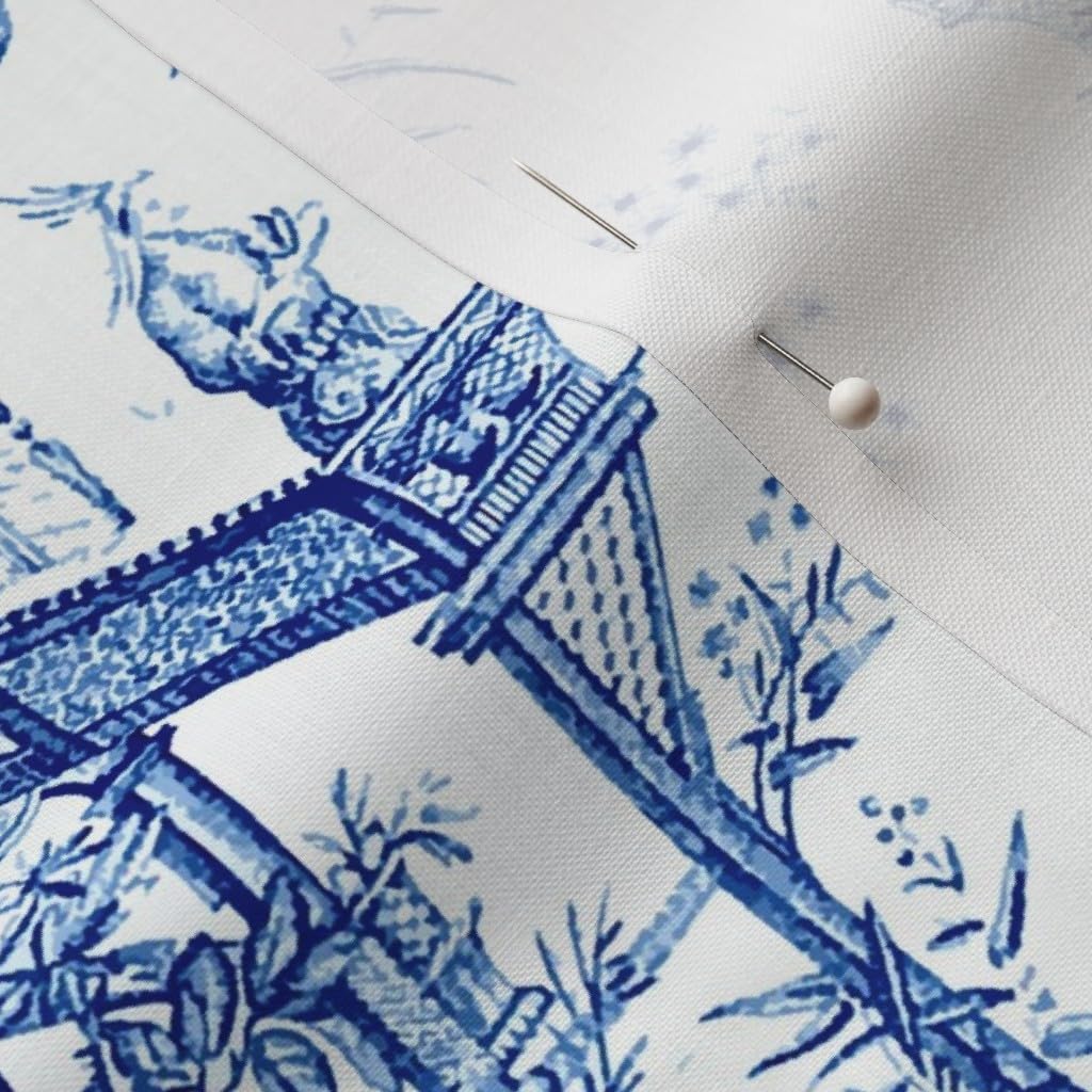 Spoonflower Fabric - Chinoiserie Blue White Vintage Toile Chinese Garden Antique Pagoda Printed on Petal Cotton Fabric by The Yard - Sewing Quilting Apparel Crafts Decor