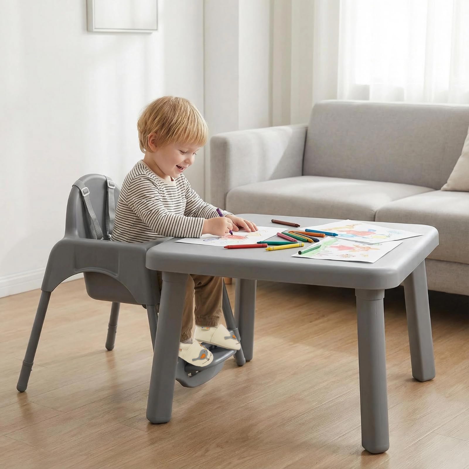 YALION Kinderhochstuhl, Höhenverstellbarer Hochstuhl mit Tablett, Baby Essstuhl für Babys & Kleinkinder von 6-36 Monaten, max. 15 kg, Grau