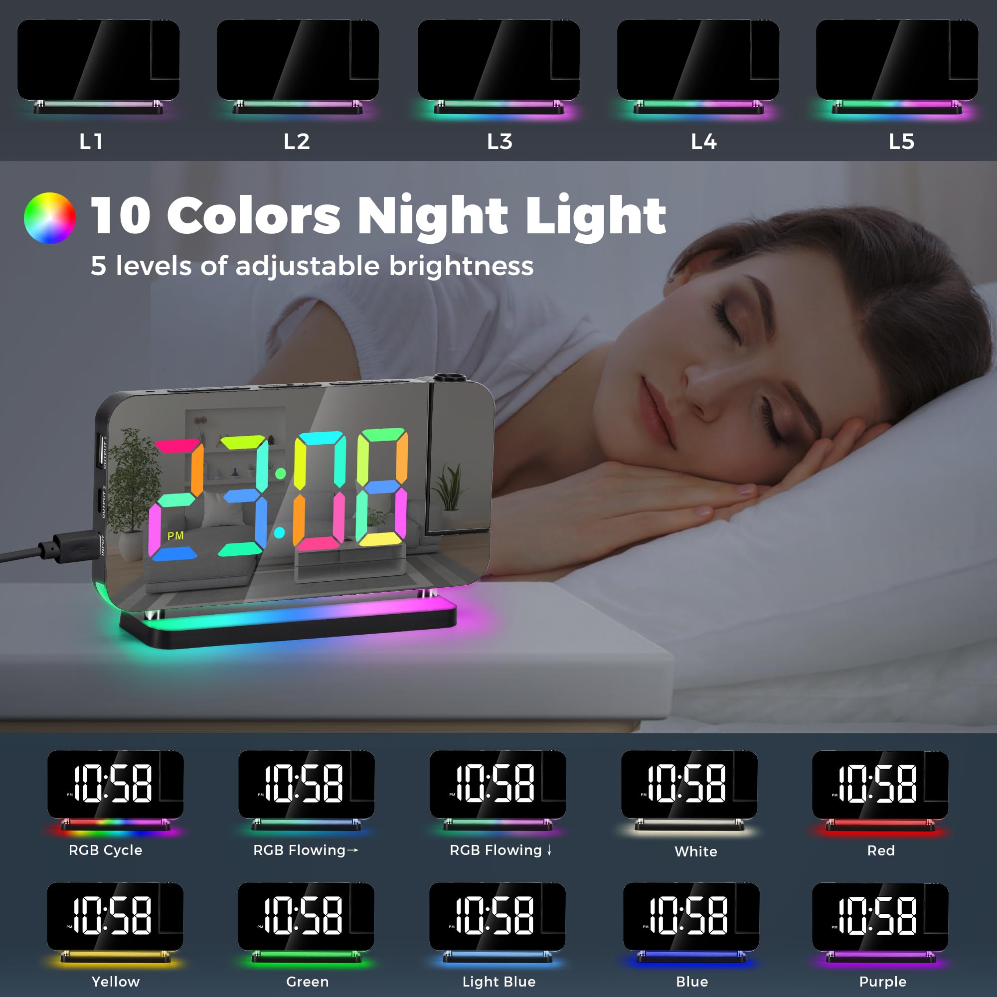 Sveglia con proiezione e radio, Orologio digitale con proiettore girevole a 180°, Sveglie da comodino con 10 modalità di luce notturna RGB, display LED a 11 colori, dimmerabile, volume, Casa, Nero