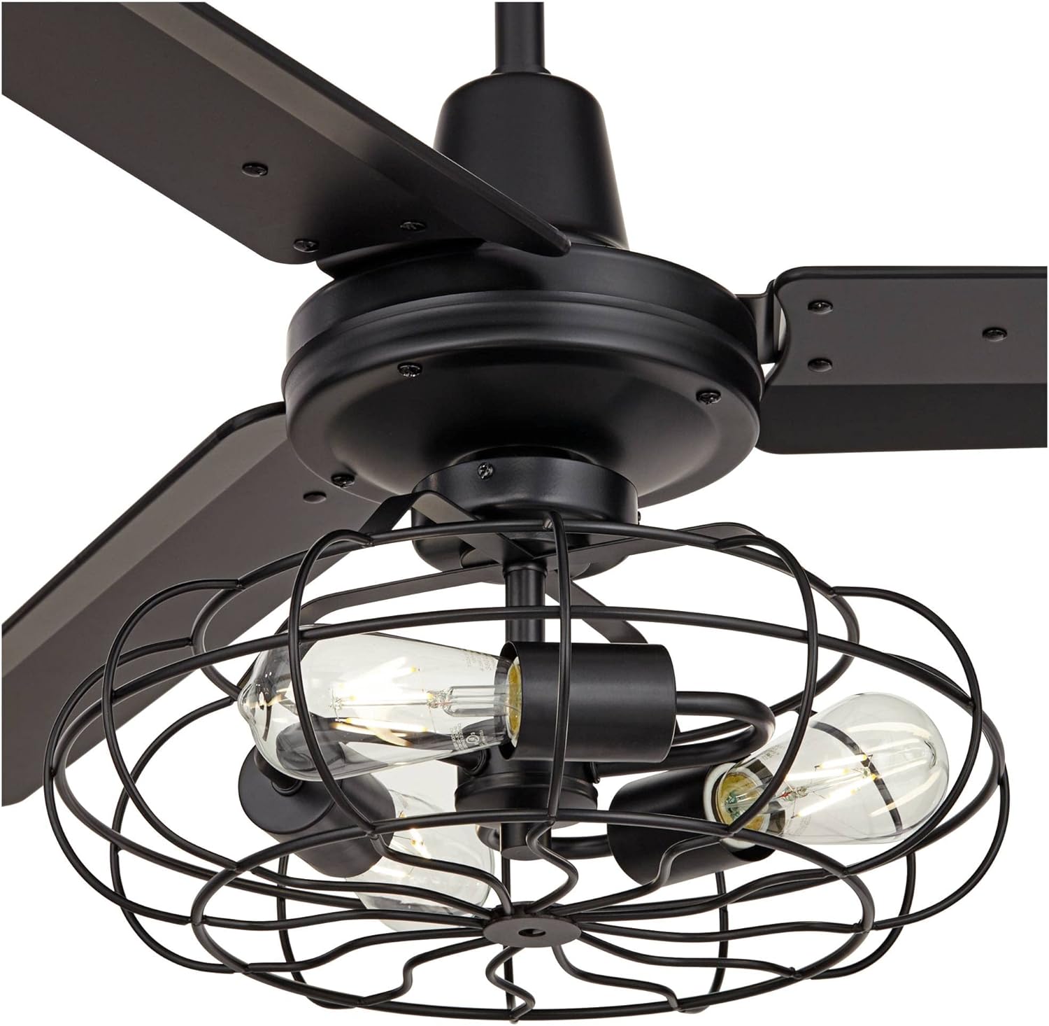 Casa Vieja 52" Plaza Rustic Industrial Vintage 3 Blade Ceiling Fan with Light Kit LED Remote Control Matte Black Cage 3-Light for House Bedroom Living Room Home Kitchen Dining Office