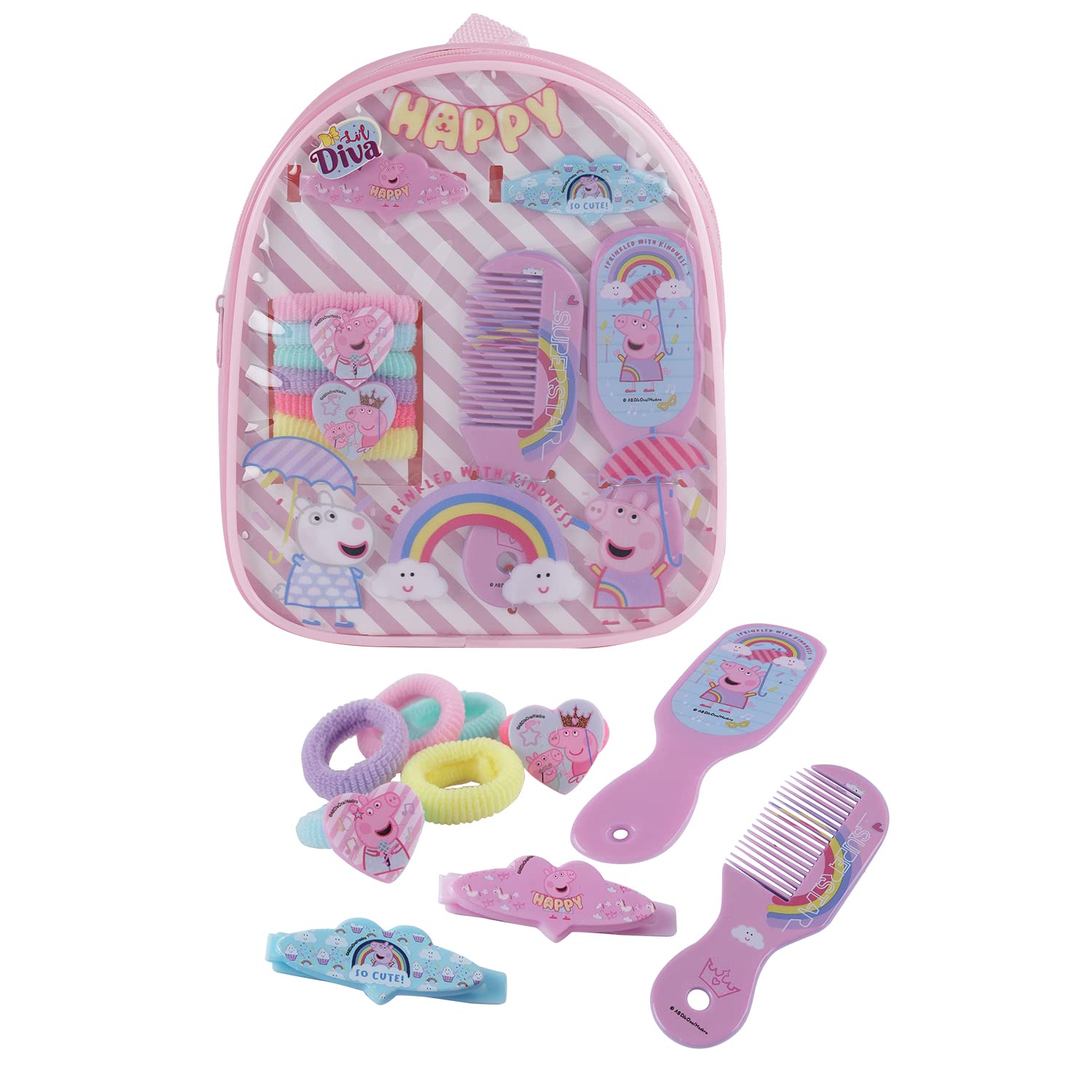 Li’l Diva Peppa Pig Hair Accessories Pack of 10, 6 Bows, 2 Clips, 1 Mirror, 1 Comb And A Small Bag for Girls 3 Years and Above