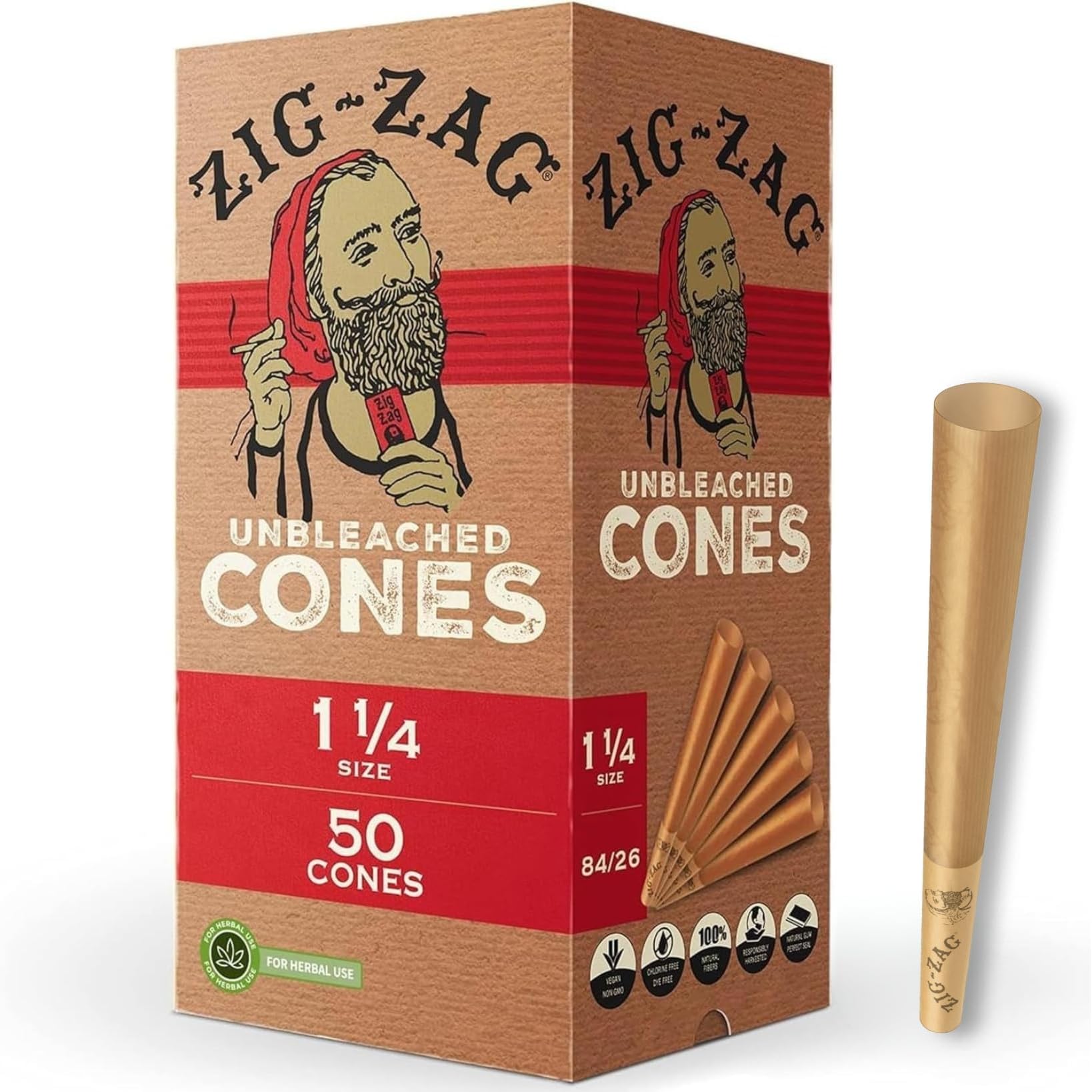 ZIG-ZAG Pre Rolled Cones 1 1/4 Size (50 Pack) Unbleached - Slow Burning Pre Rolled Cones with Tips & Packing Tubes Included - Bulk Pack