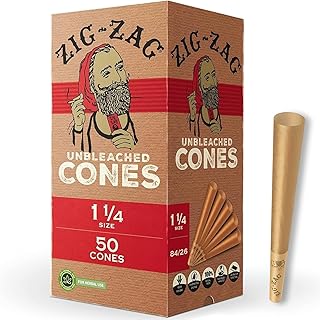 ZIG-ZAG Pre Rolled Cones 1 1/4 Size (50 Pack) Unbleached - Slow Burning Pre Rolled Cones with Tips & Packing Tubes Included - Bulk Pack