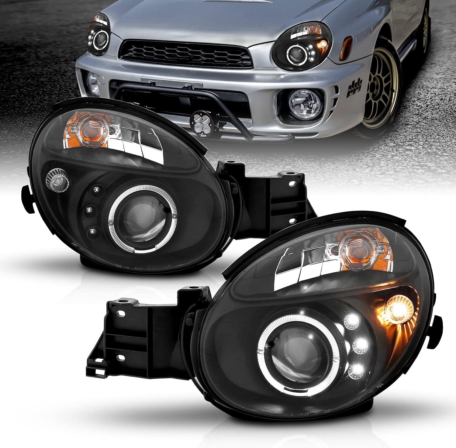 AmeriLite LED Halo Projector Black Replacement Headlights Set For 2002 2003 Subaru Impreza WRX - Passenger and Driver Side