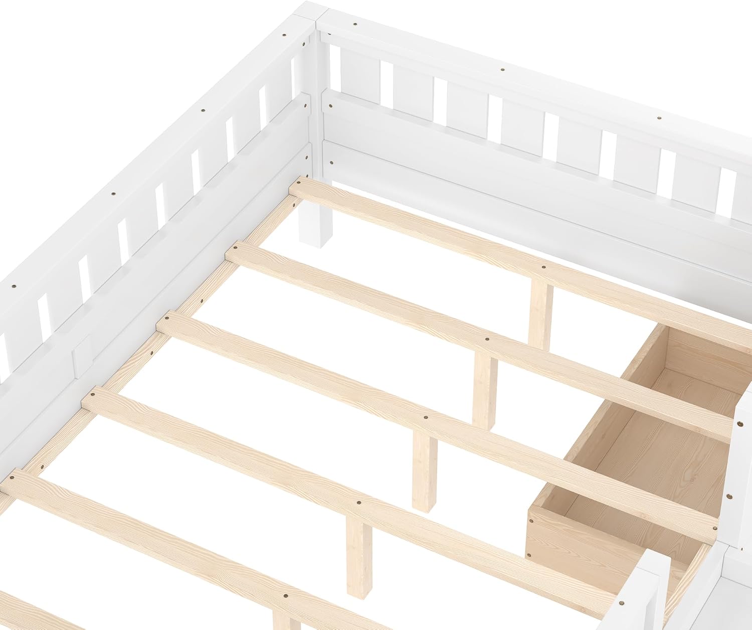 Bellemave Full Floor Bed Frame with Built-in Bookshelves and Storage Drawers,Full Size Wood Montessori Bed with Staircase Design and Rails, for Kids, Boys, Girls,Easy Assemble(Full,White,Drawers)