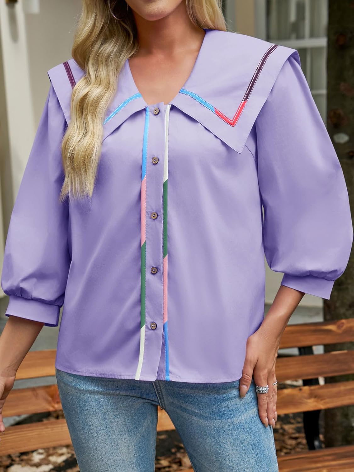 Cicy Bell Womens Button Down Shirts Trendy Casual 3/4 Lantern Sleeve Blouse Square Neck Collared Tops - Image 3